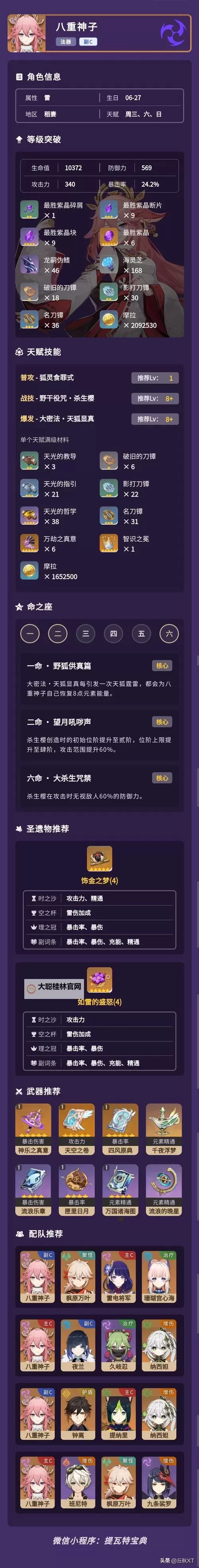 《原神》八重神子配装一图流攻略 八重神子武器圣遗物怎么选择图1